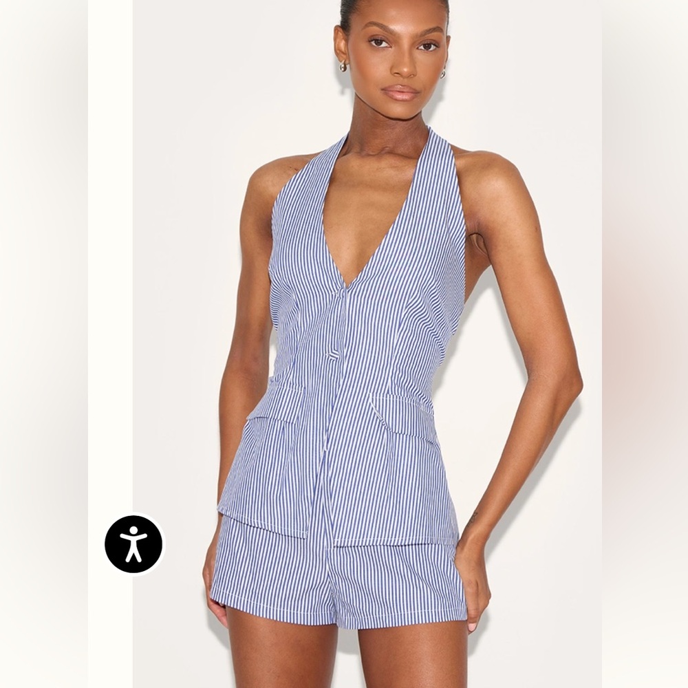 PrettyLittleThing Blue & White Striped Halter Playsuit Romper